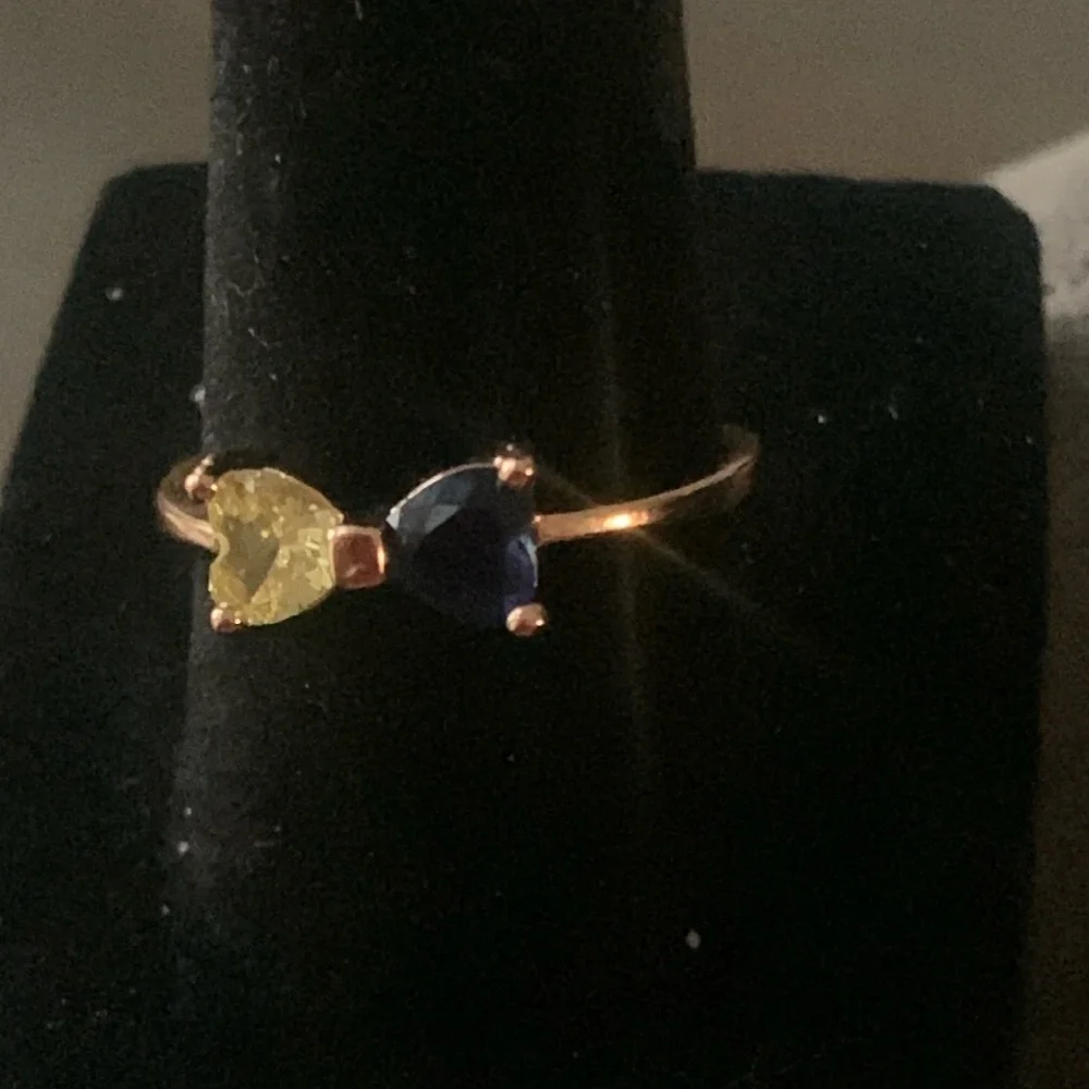 NEW  HIGH END 18k Rose Gold Plated Hearts Ring with Blue and Yellow Stones. #8
